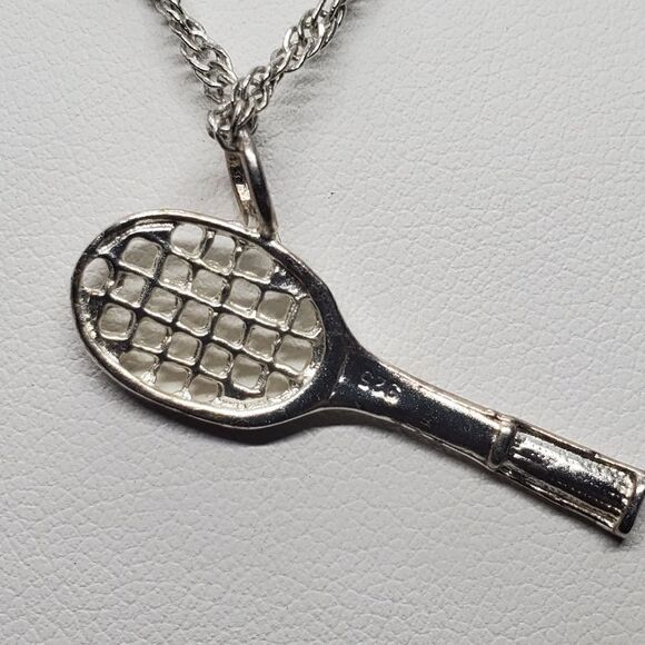 Sterling Silver Tennis Racket Pendant Necklace - Picture 3 of 5